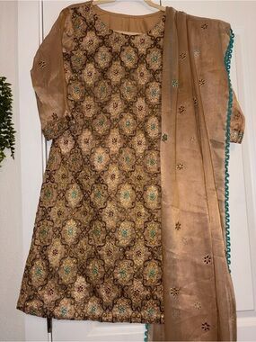 Ethnic Indian Wear Brown & Teal Embroidered Women's Kurta with Dupatta